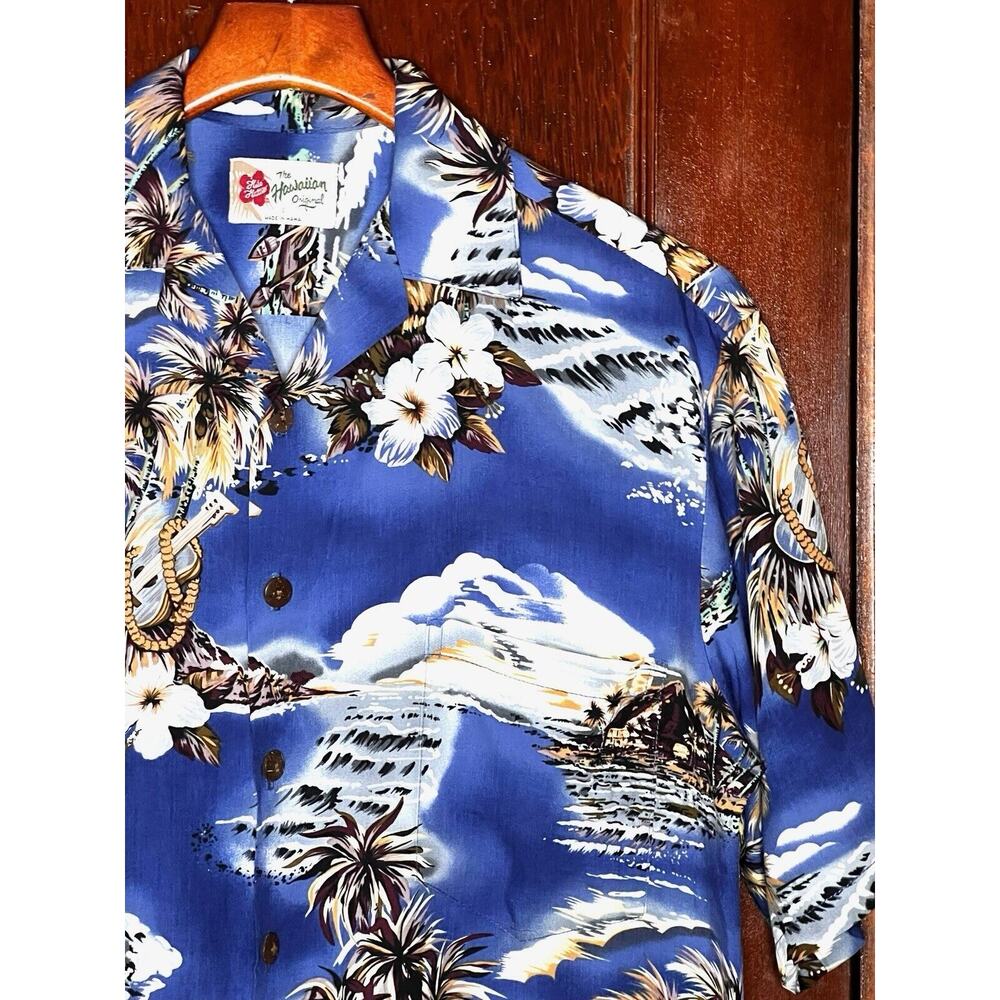 VTG HILO HATTIE SHIRT BLUE ISLAND PALM UKULELE PRINT S/S HAWAIIAN SMALL S